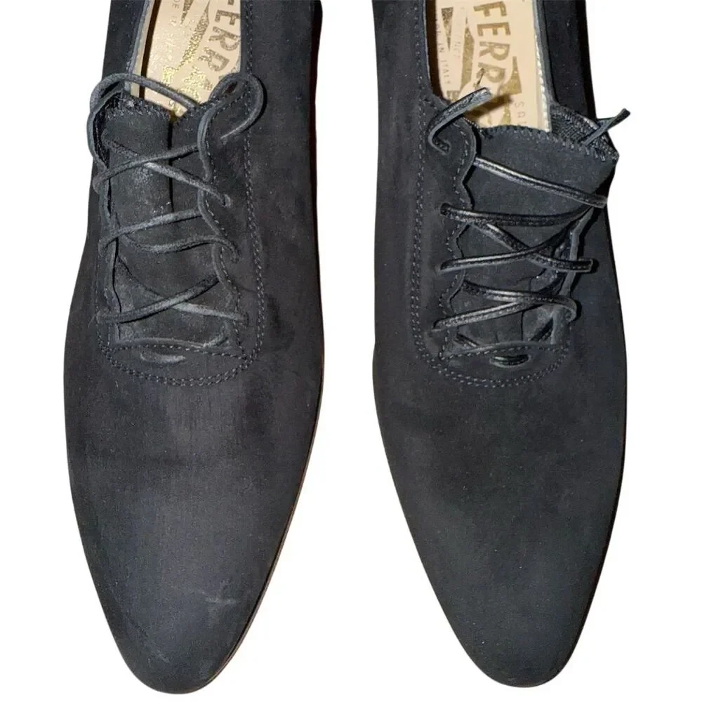 Salvatore Ferragamo Women's Vintage Size 8 Narrow‎ Black Suede Lace-Up Shoes